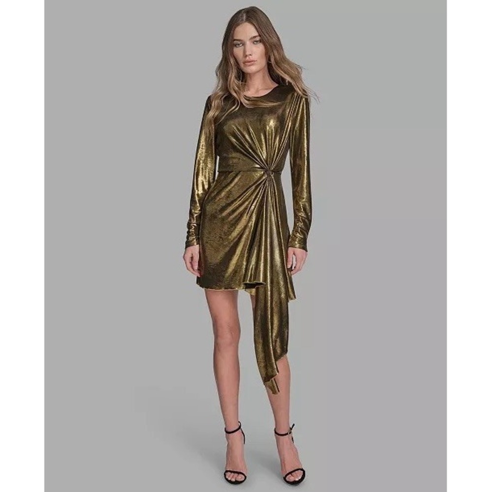 NWT BCBG Women Long Sleeve Metallic Surplus A-line Mini Cocktail Dress Sz 8 $159